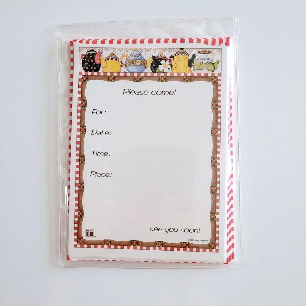 Vintage 90s whimsical Mary Engelbreit Teapot Tea Party Invitations (8) 1993- New